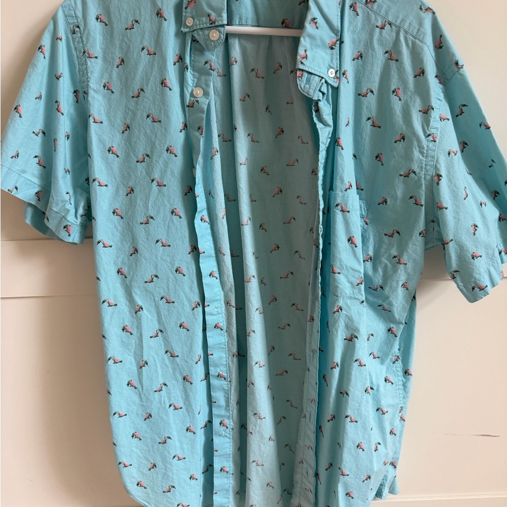 Men's jcrew Light Blue Short-Sleeve Button-Up Shirt with toucans